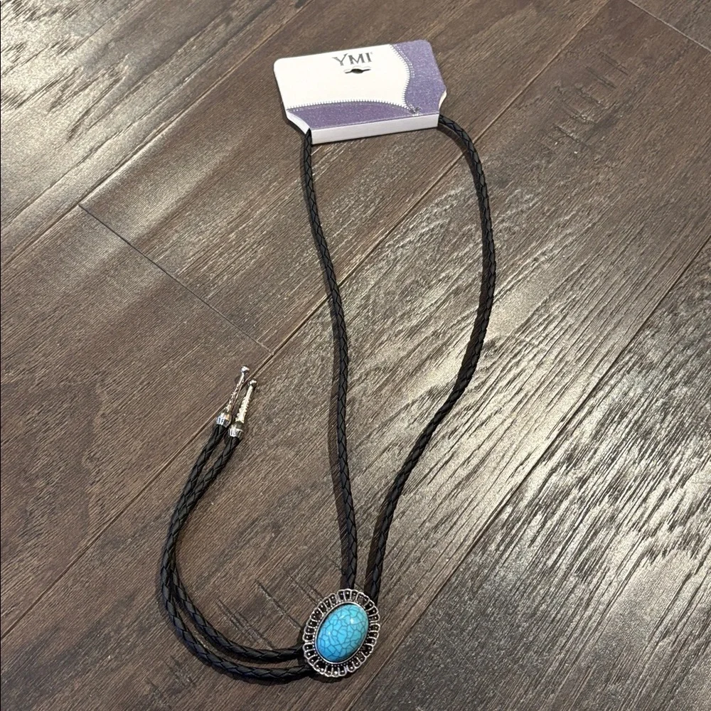 YMI Bolo Tie Faux Turquoise stone on silvertone, slide, leatherette neck tie